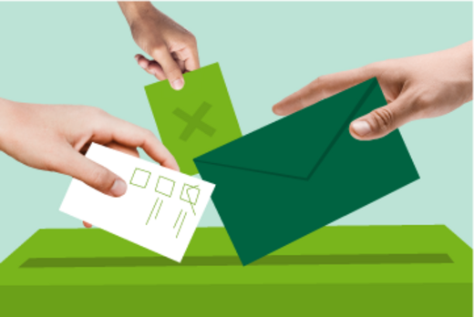 Illustrierte Grafik vor grünem Hintergrund. Drei verschiedene Hände werfen Umschläge und Zettel in einen Kasten mit Schlitz.